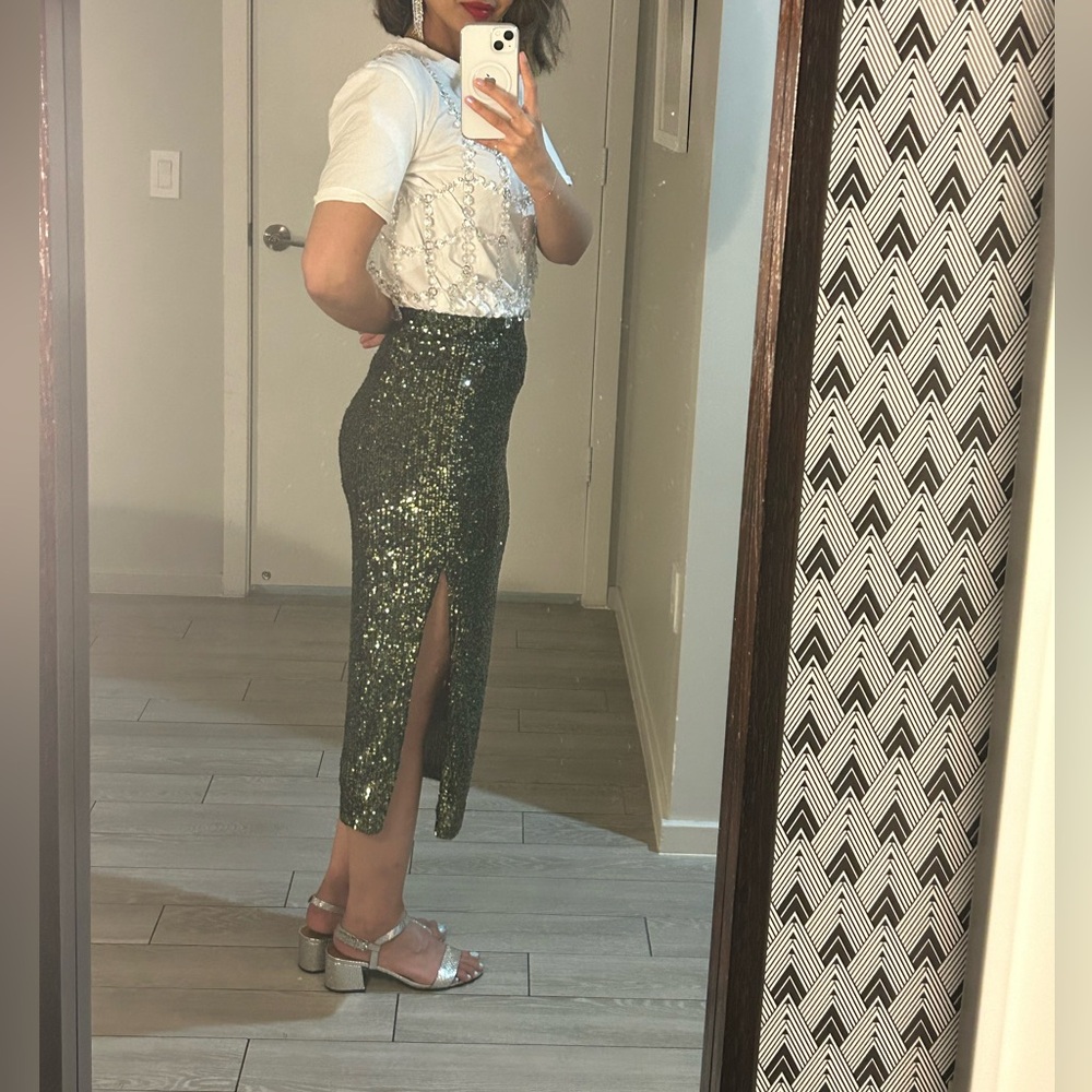Topshop Dark Green Sequin Skirt - Picture 3 of 5